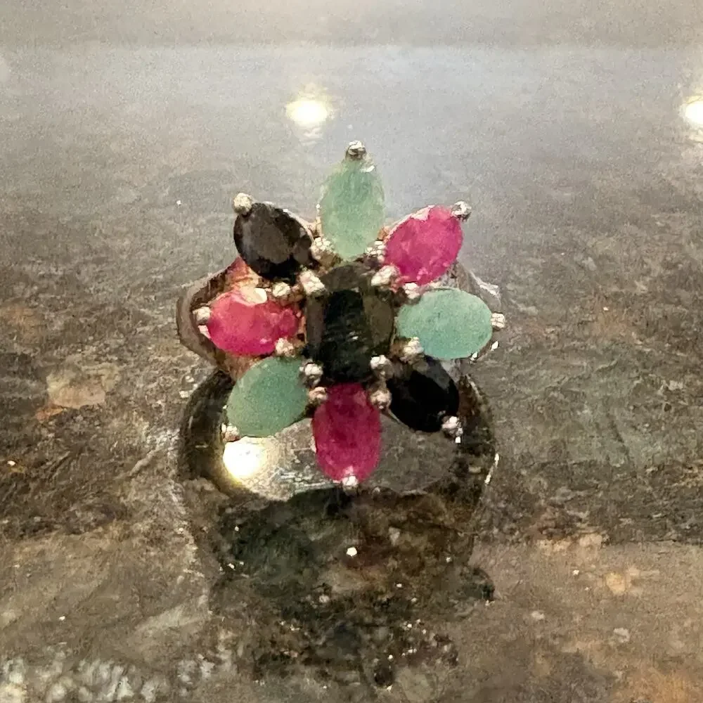 Sterling Silver, Sapphire, Emerald and Ruby Flower Ring Size 6.5 Vintage